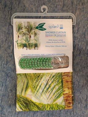 NIP Splash Green Palm Print PEVA Shower Curtain with Green Roller Hooks